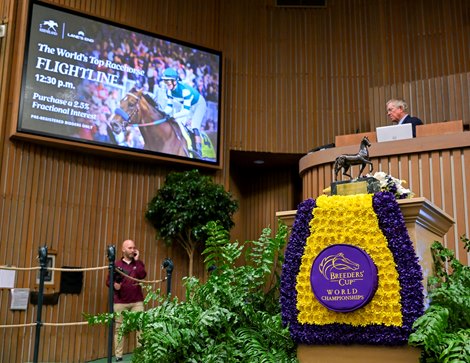 Flightline interest sold for $4.6 million to Freddy Seitz with Brookdale representing an undisclosed buyer at the Keeneland November Breeding Stock Sale in Lexington, KY on November 7, 2022. Flightline is retired to Lane’s End Farm.
