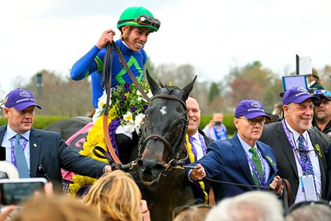 Chad C. Brown and Steve Layton walk in Goodnight Olive with Irad Ortiz Jr. after winning the Filly and Mare Sprint (G1) at Keeneland in Lexington, KY on November 5, 2022.