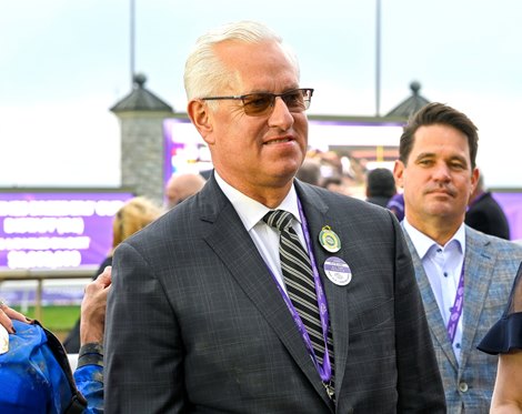 Todd Pletcher in the winner’s circle after Malathaat wins the Distaff (G1) at Keeneland in Lexington, KY on November 5, 2022.