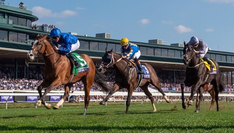 Mischief Magic with William Buck wins the Juvenile Turf Sprint (G1T) at Keeneland in Lexington, KY on November 4, 2022.