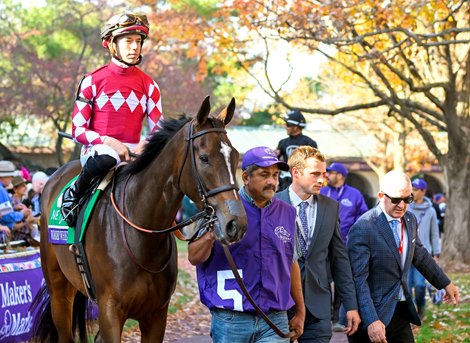 Wonder Wheel with Tyler Gaffalione in the paddock before the Juvenile Fillies (G1) at Keeneland in Lexington, KY on November 4, 2022.