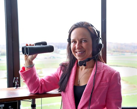 Jessica Paquette prepares for her first day as track announcer at Parx Racing in Bensalem, PA on November 15, 2022. Paquette is the first full-time female announcer in the United States. Photo by Nikki Sherman/EQUI-PHOTO.