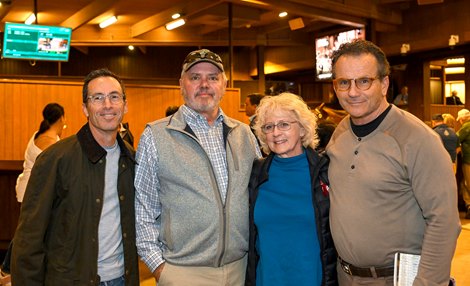 (L-R): Jeff Bloom, Chuck Allen, Lori Allen and John Sikura with Hip 235 Midnight Bisou consigned by Hill ’N’ Dale at Xalapa, Agent to the Keeneland November Breeding Stock Sale in Lexington, KY on November 7, 2022.