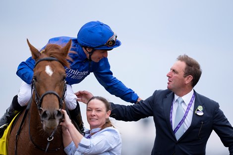 Charlie Appleby greets Modern Games (William Buick) after the Mile<br>
Keeneland 5.11.22 Pic: Edward Whitaker