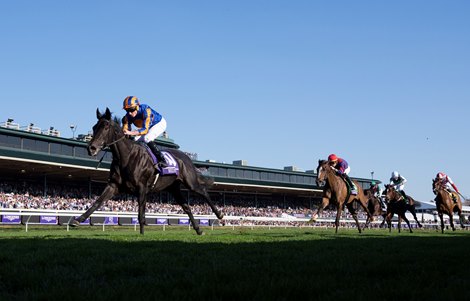 Meditate (Ryan Moore) wins the Juvenile Fillies Turf<br><br />
Keeneland 4.11.22 Pic: Edward Whitaker