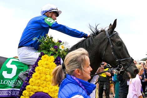 Rebel’s Romance with James Doyle wins the Turf (G1T) at Keeneland in Lexington, KY on November 5, 2022.