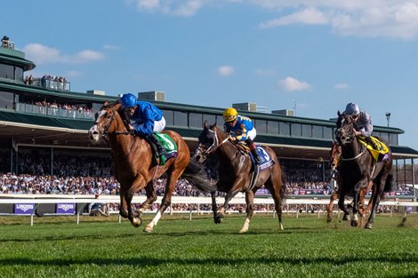 Mischief Magic with William Buck wins the Juvenile Turf Sprint (G1T) at Keeneland in Lexington, KY on November 4, 2022.