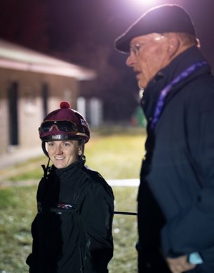 Hollie Doyle and John Gosden at Keeneland racetrack on Thursday morning<br><br />
Keeneland 3.11.22 Pic: Edward Whitaker