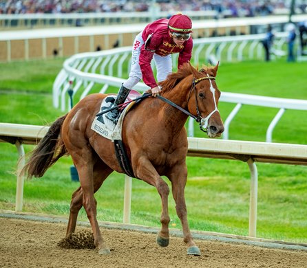 Nakatomi wins race 2, optional allowance claim, for Tyler Gaffalione and Wesley Ward at Keeneland during Breeder's Cup Saturday, Nov.