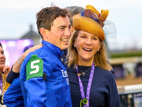 James Doyle and Jackie Doyle in the winner’s circle after Rebel’s Romance wins the Turf (G1T) at Keeneland in Lexington, KY on November 5, 2022.