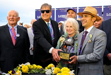 Steve Jackson, John Sadler, Jane Lyon and Juan Leyva in the winner’s circle after Flightline with Flavien Prat win the Breeders’ Cup Classic (G1) at Keeneland in Lexington, KY on November 5, 2022.