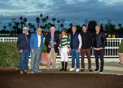 Michael Lund Petersen's Faiza and jockey Flavien Prat, outside, hold off Pride of the Nile (Juan Hernandez) to win the Grade I $300,000 Starlet Stakes Saturday, December 10, 2022 at Los Alamitos Race Course, Cypress, CA.<br>
Benoit Photo