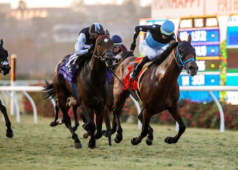 Speaking Scout and jockey Juan Hernandez, left, outleg Spycatcher (Ryan Curatolo), right, to win the Grade I, $400,000 Hollywood Derby, Saturday, December 3, 2022 at Del Mar Thoroughbred Club, Del Mar CA.<br>
&#169; BENOIT PHOTO