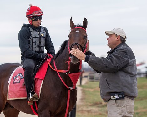 Beverly Park, the 2022 winning horse, trains with Lynn Cash at the Thoroughbred Training Center in Lexington, Ky., on December 20, 2022