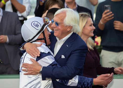 Country Grammar  jockey Lanfranco Dettori and trainer Bob Baffert, right, celebrate victory in the Grade II $200,000 San Antonio Stakes Monday, December 26, 2022 on opening day at Santa Anita Park, Arcadia, CA.<br>
Benoit Photo