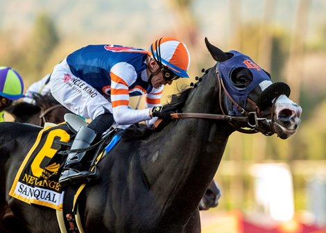 Newgrange and jockey Juan Hernandez win the Grade II $200,000 San Pasqual Stakes Saturday, January 28, 2023 at Santa Anita Park, Arcadia, CA.<br><br />
Benoit Photo