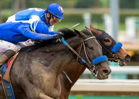 Keith Abrahams&#39; Kirstenbosch and jockey Kazushi Kimura, outside, edge out Ganadora and John Velazquez for victory in the Grade III $200,000 La Canada Stakes Sunday, January 15, 2023 at Santa Anita Park, Arcadia, CA.<br><br />
Benoit Photo