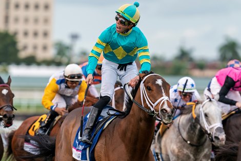 Atone and Irad Ortiz win the Pegasus World Cup Turf Invitational S. by Baccarat (Gr. 1) Gulfstream Park, Hallandale Beach, FL, January 28, 2023, presented by Mathea Kelley