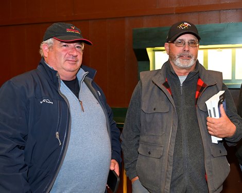 (L-R): Paul O’Loughlin and David Wade. Hip 270 colt by Gun Runner out of Willa at Taylor Made Sales Agency, agent, and bought by Paul O’Loughlin and David Wade Keeneland January sale at Keeneland in Lexington, Ky., on Jan. 7, 2023