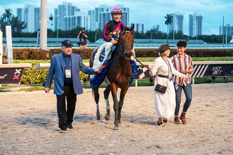 Bruce Lunsford (left) leads Art Collector and Junior Alvarado to the winners' circle after the Pegasus World Cup Invitational S. presented by 1/ST BET (Gr. 1) Gulfstream Park, Hallandale Beach, FL, January 28, 2023.
