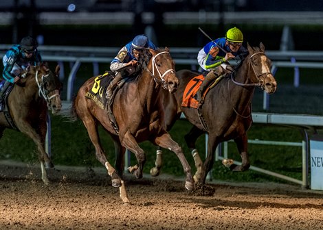 Angel Of Empire (left) with Luis Saez aboard outduels Tapit Conquest to win the 51st running of the Grade 2 Risen Star Stakes on Saturday, February 18, 2023 at Fair Grounds.  Hodges Photography / Jamie Newell