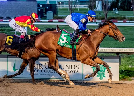 Pretty Mischievous, with Tyler Gaffalione up, wins the Grade 2 Rachel Alexandra Stakes at Fair Grounds Racecourse for trainer Brendan Walsh. Photo by Hodges Photography / Lou Hodges