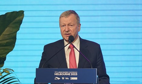 Winfried Engelbrecht-Bresges, Chairman, Asian Racing Federation speaks during the Asian Racing Conference Closing Ceremony at Crown on February 17, 2023 in Melbourne, Australia. (Photo by Scott Barbour/Racing Photos)