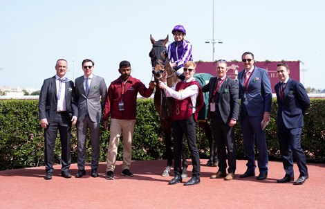 Order Of Australia (Ryan Moore) and connections after the Irish Thoroughbred Marketing Cup, a local Group 2 at Al Rayyan racecourse, Doha<br><br />
18.2.23 Pic: Edward Whitaker
