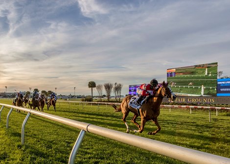Two Emmys with James Graham aboard pulls away from the field to win the Grade III Fair Grounds Stakes on Saturday, February 18, 2023 at Fair Grounds. Hodges Photography / Lou Hodges, Jr.