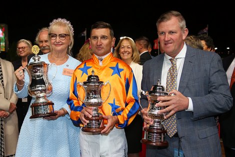 Imperatriz ridden by Opie Bosson and trained by Mark Walker wins the G1 William Reid Stks run over 1200 metres at Moonee Valley Racecourse 3-24-23