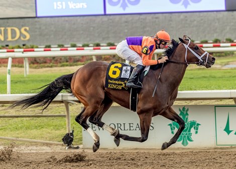 3/25/2023 - Kingsbarns with Flavien Prat aboarad wins the 110th running of the Grade II Louisiana Derby at Fair Grounds.  Hodges Photography / Lou Hodges, Jr.