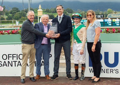 Hunter Valley Farm&#39;s A Mo Reay and jockey Flavien Prat, outside (#5), win the Grade I $500,000 Beholder Mile Saturday, March 11, 2023 at Santa Anita Park, Arcadia, CA.<br><br />
Benoit Photo (Note, owner HVF&#39;s Adrian Regan, left).