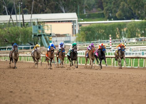 Hunter Valley Farm&#39;s A Mo Reay and jockey Flavien Prat, center, green cap,, win the Grade I $500,000 Beholder Mile Saturday, March 11, 2023 at Santa Anita Park, Arcadia, CA.<br><br />
Benoit Photo