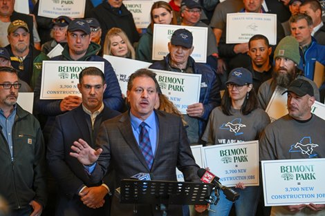 New York Senator Joe Abbaddo speaks at a large rally for the I Am NY Racing group was held at the NYS Capitol Monday Mar. 13, 2023 in Albany NY.  Photo by Skip Dickstein