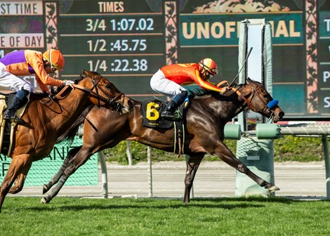 Fast and Shiny and jockey Abel Cedillo, right, win the $100,000 Angels Flight Stakes Sunday, March 26, 2023 at Santa Anita Park, Arcadia, CA.  The three-year-old daughter of Bernardini is owned by Mike Pegram, Karl Watson and Paul Weitman and trained by Bob Baffert. Benoit Photo