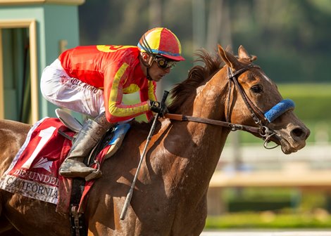 Defunded and jockey Juan Hernandez win the Grade II $200,000 Californian Stakes Saturday, April 22, 2023 at Santa Anita Park, Arcadia, CA.  The 5-year-old son of Dialed In is owned by Mike Pegram, Karl Watson and Paul Weitman and trained by Bob Baffert.<br><br />
Benoit Photo