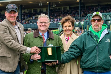 Owner Nathan Hayden on left and Trainer, Billy Stinson, Jr. on right. Here Mi Song with Alex Achard wins the Commonwealth (G3) at Keeneland, Lexington, Ky., on April 8, 2023.