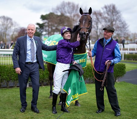 Karl Burke (L) and groom Steve Carroll with Indestructible (Kevin Stott) after The Craven<br><br />
Newmarket 20.4.23 Pic: Edward Whitaker