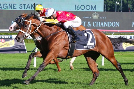 Militarize, ridden by Jao Moreira and Trained by Chris Waller, wins the Champagne Stakes on Saturday, April 15, 2023 at Randwick Racecourse