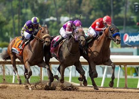 Practical Move and jockey Ramon Vazquez, right, nose out Mandarin Hero, #8, (Kazushi Kimura), middle, and Skinner, #7, (Victor Espinoza), left, for victory in the Grade I $750,000 Santa Anita Derby Saturday, April 8, 2023 at Santa Anita Park, Arcadia, CA.<br><br />
Benoit Photo