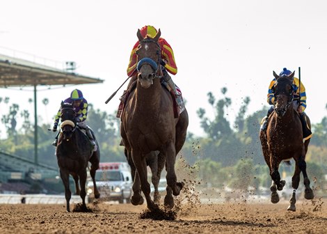 Defunded and jockey Juan Hernandez, center, win the Grade II $200,000 Californian Stakes Saturday, April 22, 2023 at Santa Anita Park, Arcadia, CA.  The 5-year-old son of Dialed In is owned by Mike Pegram, Karl Watson and Paul Weitman and trained by Bob Baffert.<br>
Benoit Photo