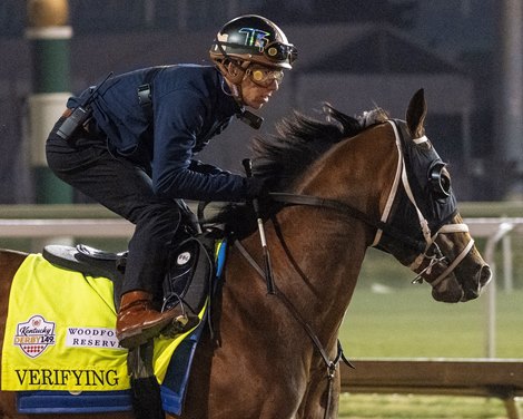 Verifying with Tyler Gaffalione training at Churchill Downs in Louisville, Ky., on April 29, 2023.