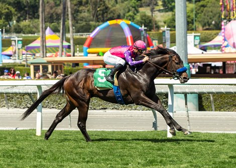 Johannes and jockey Umberto Rispoli, right, are in command in mid-stretch and go on to win the $100,000 Pasadena Stakes Sunday, April 2, 2023 at Santa Anita Park, Arcadia, CA.<br><br />
Benoit Photo