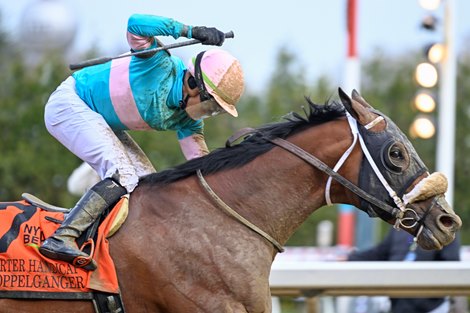 Doppelganger came up on the outside of the field to win the 123rd running of The Carter, a Grade 1 Stake which is the first Grade 1 for jockey Jevian Toledo and trainer Brittany Russell at Aqueduct Park in Queens, N.Y. Saturday April 8, 2023. Photo by Skip Dickstein