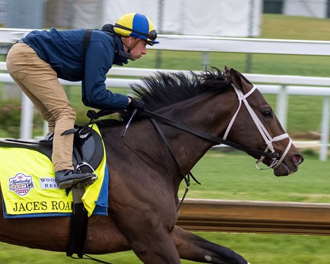 Jace&#39;s Road with Florent Geroux training at Churchill Downs in Louisville, Ky., on April 29, 2023.