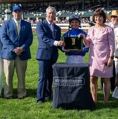 (L-R): Brad Cox, Michael Banahan, Luis Saez, Barbara Banke. First Mission with Luis Saez wins the Stonestreet Lexington (G3) at  Keeneland on April 15, 2023.