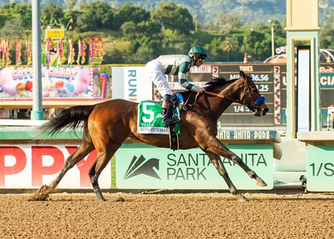 Michael Lund Petersen&#39;s Faiza and jockey Flavien Prat win the Grade II $400,000 Santa Anita Oaks Saturday, April 8, 2023 at Santa Anita Park, Arcadia, CA.<br>
Benoit Photo