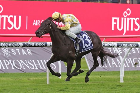 Major Beel wins the 2023 ATC Australian Derby at Randwick Racecourse<br><br />
ridden by Tim Clarke and Trained by Gai Waterhouse and Adrian Bott