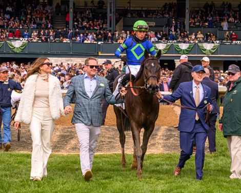 (L-R) Owners Liz and Jay Hanley and Steve Laymon join Goodnight Olive with Irad Ortiz, Jr. to win the Madison (G1) at Keeneland, Lexington, Ky., on April 8, 2023.