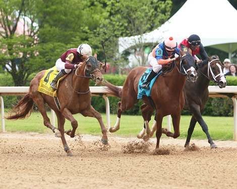 Red Route One wins the Bath House Row Stakes on Saturday, April 22, 2023 at Oaklawn Park Tapit Shoes (#9) second